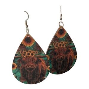 Sunflower Crown Wooden Highland Cow Teardrop Earrings